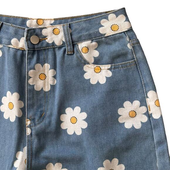 Daisy Printed Wide Leg Jeans Size‎ Medium Hippie Boho Flowers High Rise - Picture 5 of 9
